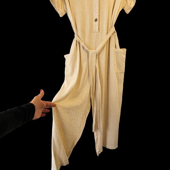 Petal + Pup Ivory Linen Crop Wide Leg Jumpsuit Women L Button Up Short Slv NWT - Picture 7 of 8